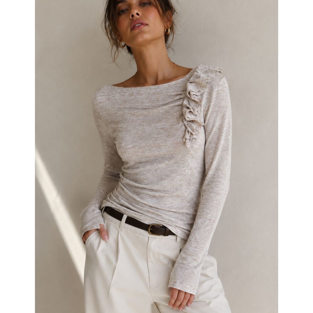MNG Mango Women XS Beige Ruffle Shoulder Long Sleeve Asymmetrical Hem Top